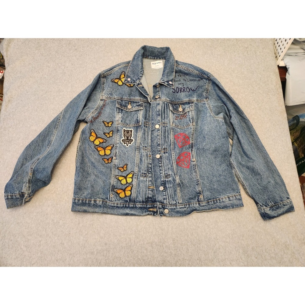 Old Navy One Of‎ A Kind Denim Jacket Women's 2XLT Blue Custom Patches All Over